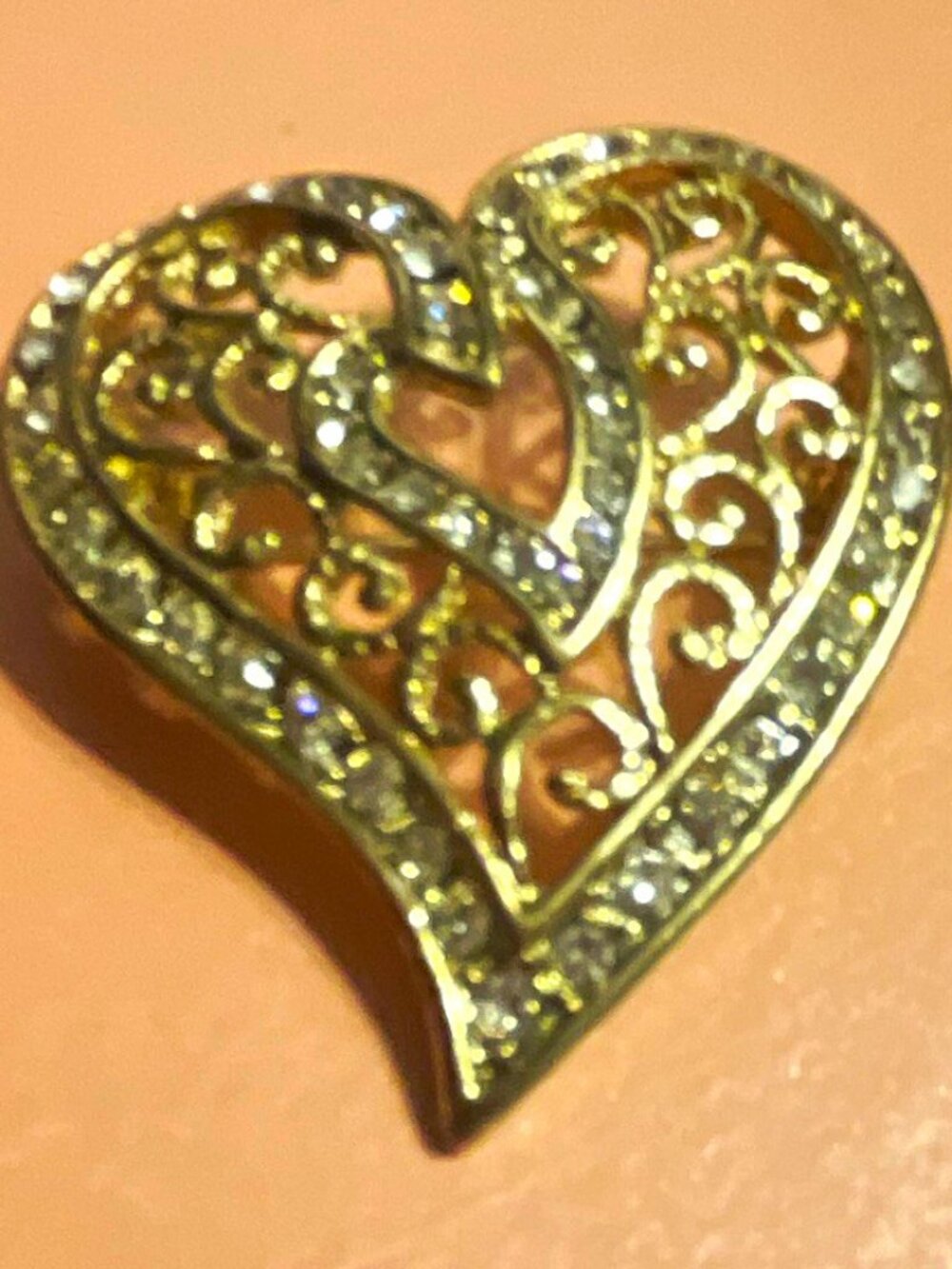 Gold-Tone Heart Love Filigree Brooch Pin Clear Round Pavé Rhinestones